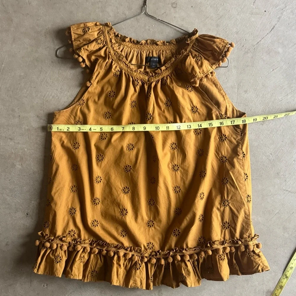 J Crew Mustard Yellow Sleeveless Eyelet Cotton Blouse with Floral Pattern (S)